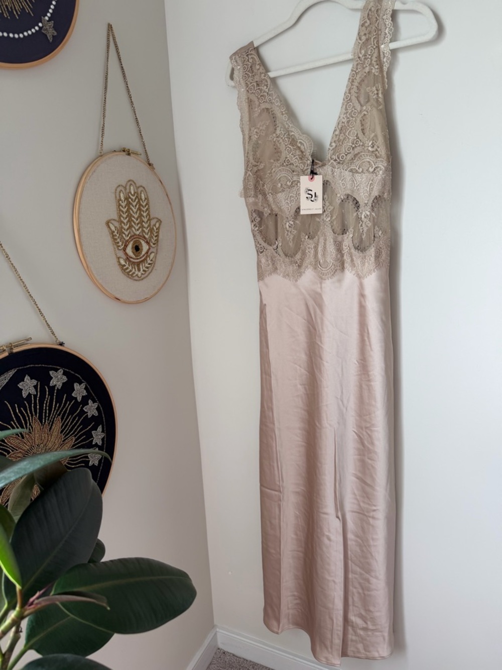 Beige nude Lace Trim maxi Slip Dress